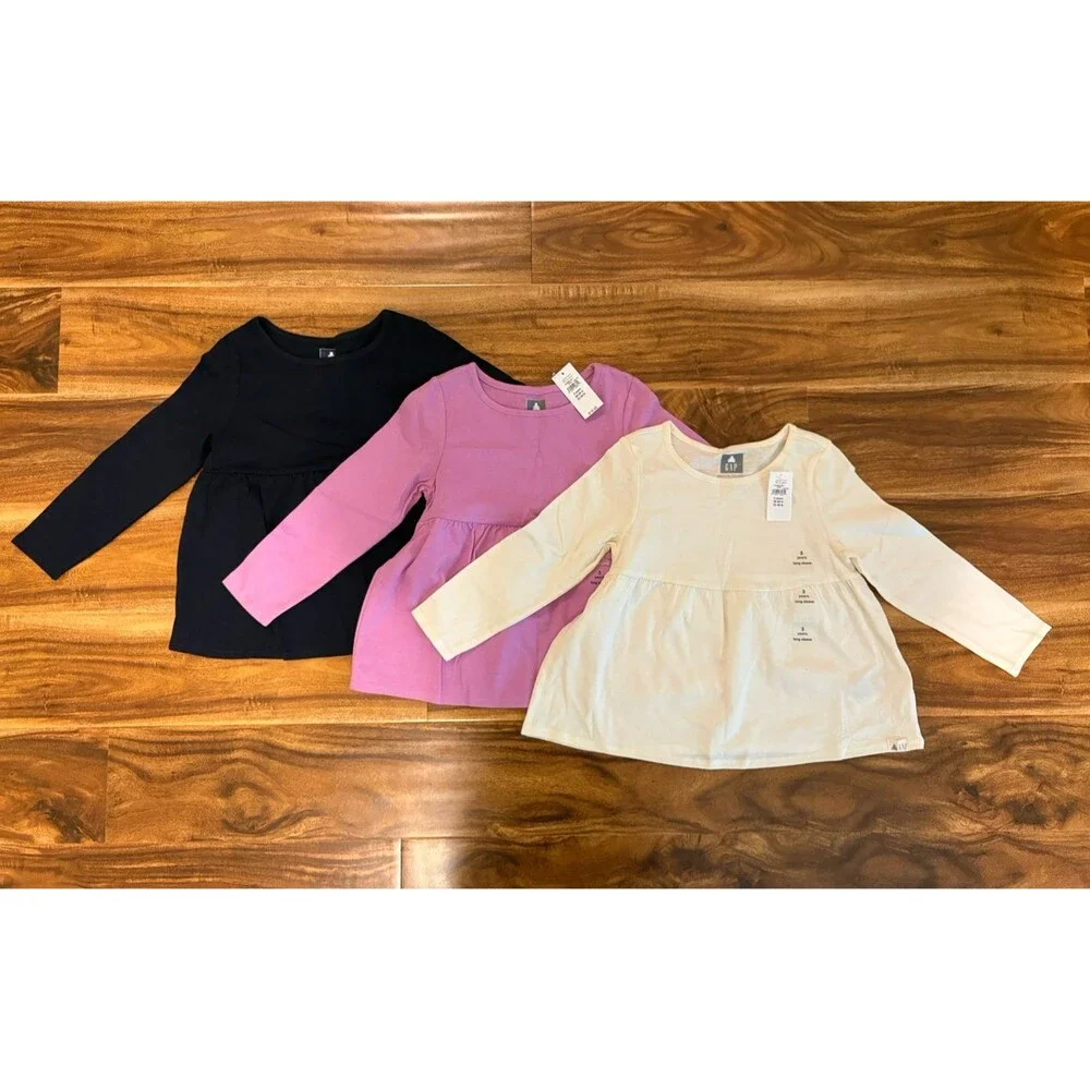 NWT Baby Gap Long Sleeve Babydoll Tees, Cream, Navy and Purple, Size 3T